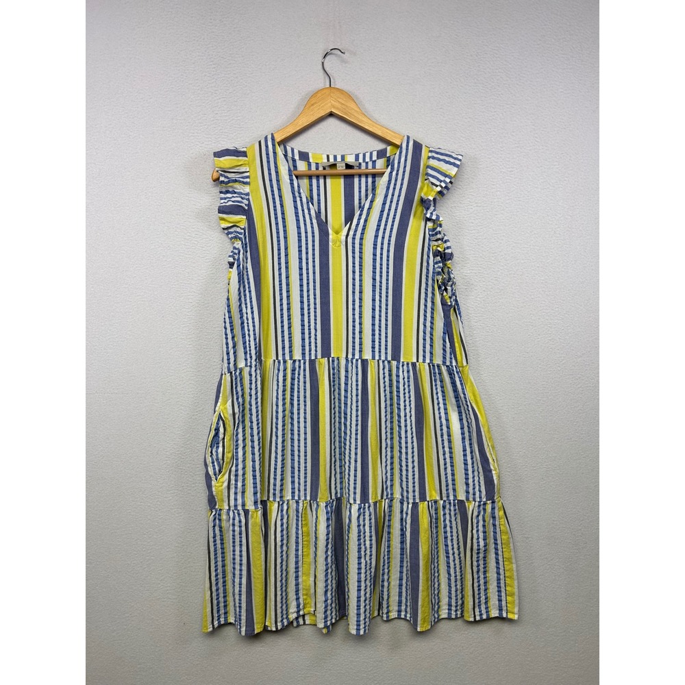 Coastal Summer LOFT Petites Womens LP Yellow Blue Striped Ruffle Tiered Dress